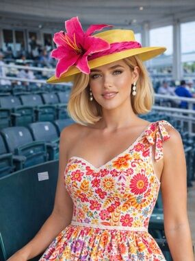 New Kentucky Derby Oaks Yellow Stargazer Lily Wide Brim Boater Oaks Sinamay Hat